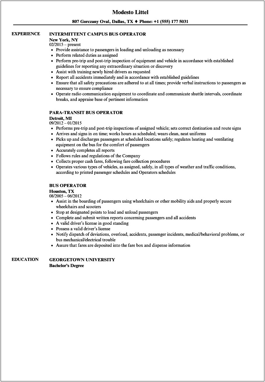 Sample Resume For Bus Driver With No Experience