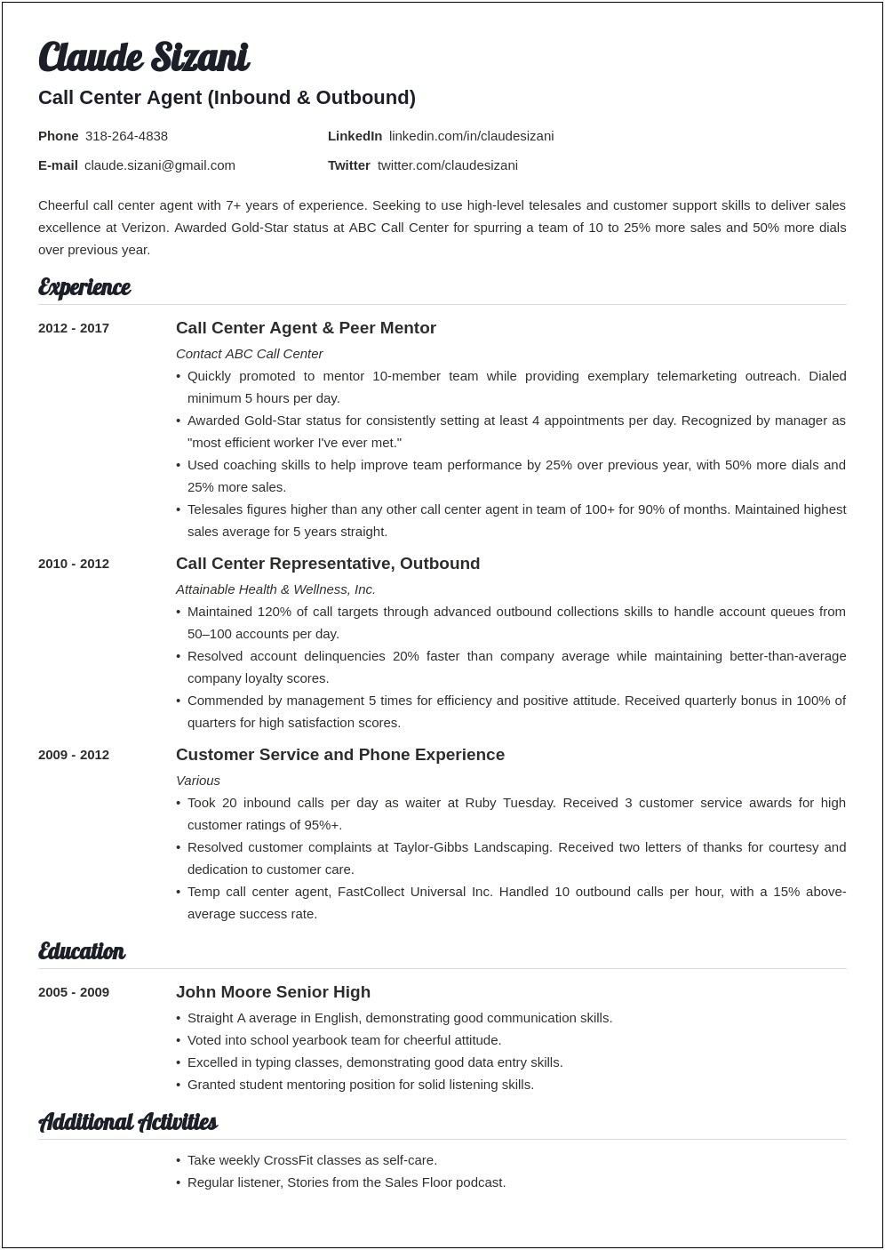 Sample Resume For Call Center Agent Applicant