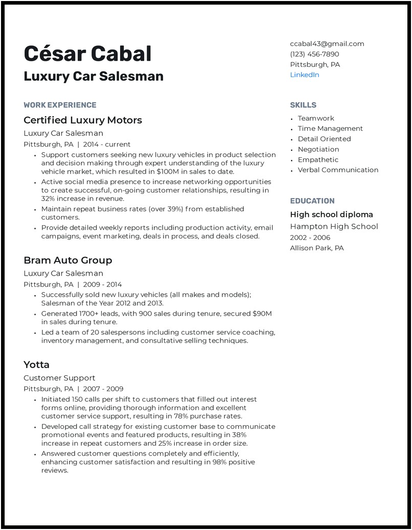 Sample Resume For Car Dealership Owner