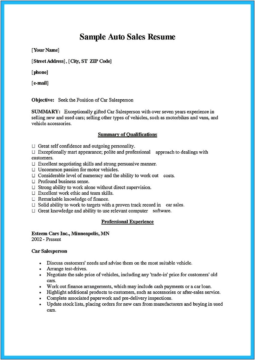 Sample Resume For Car Sales Agent