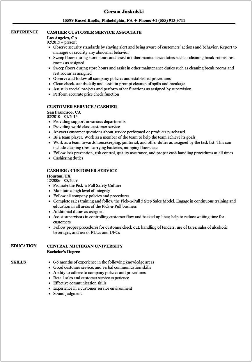 Sample Resume For Cashier Sales Associate