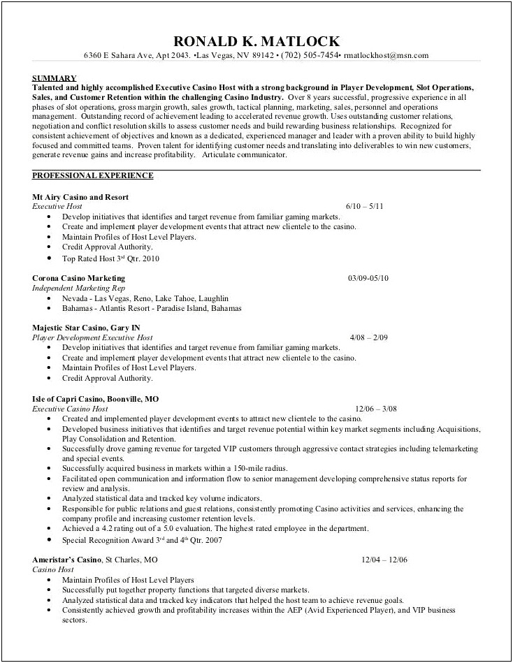 Sample Resume For Casino Cage Supervisor