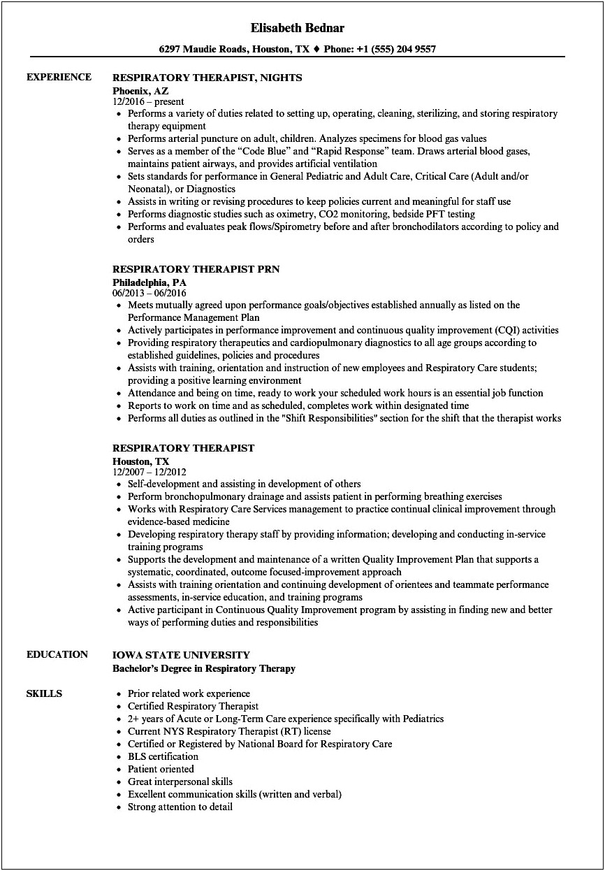 Sample Resume For Certified Respiratory Therapist Objectives