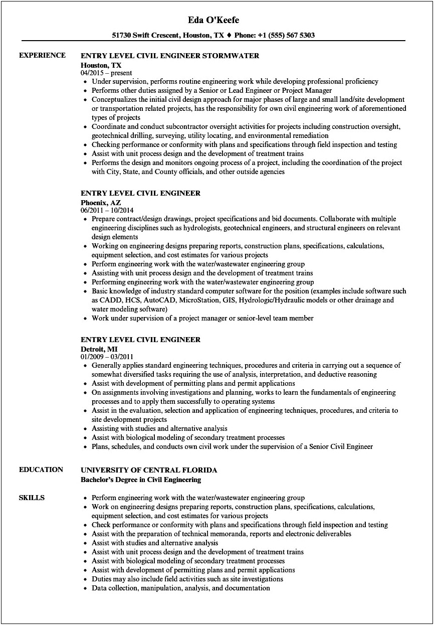 Sample Resume For Civil Site Engineer Experienced