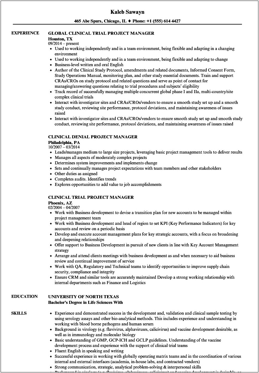 Sample Resume For Clinical Project Manager