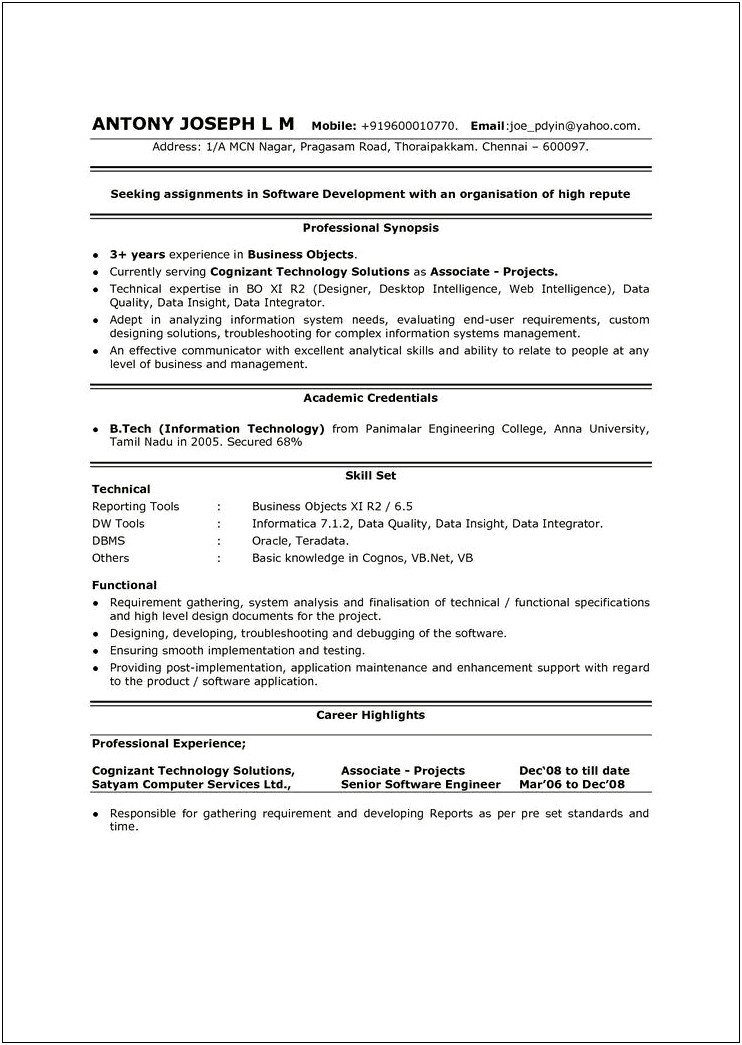 Sample Resume For Cognos Report Developer