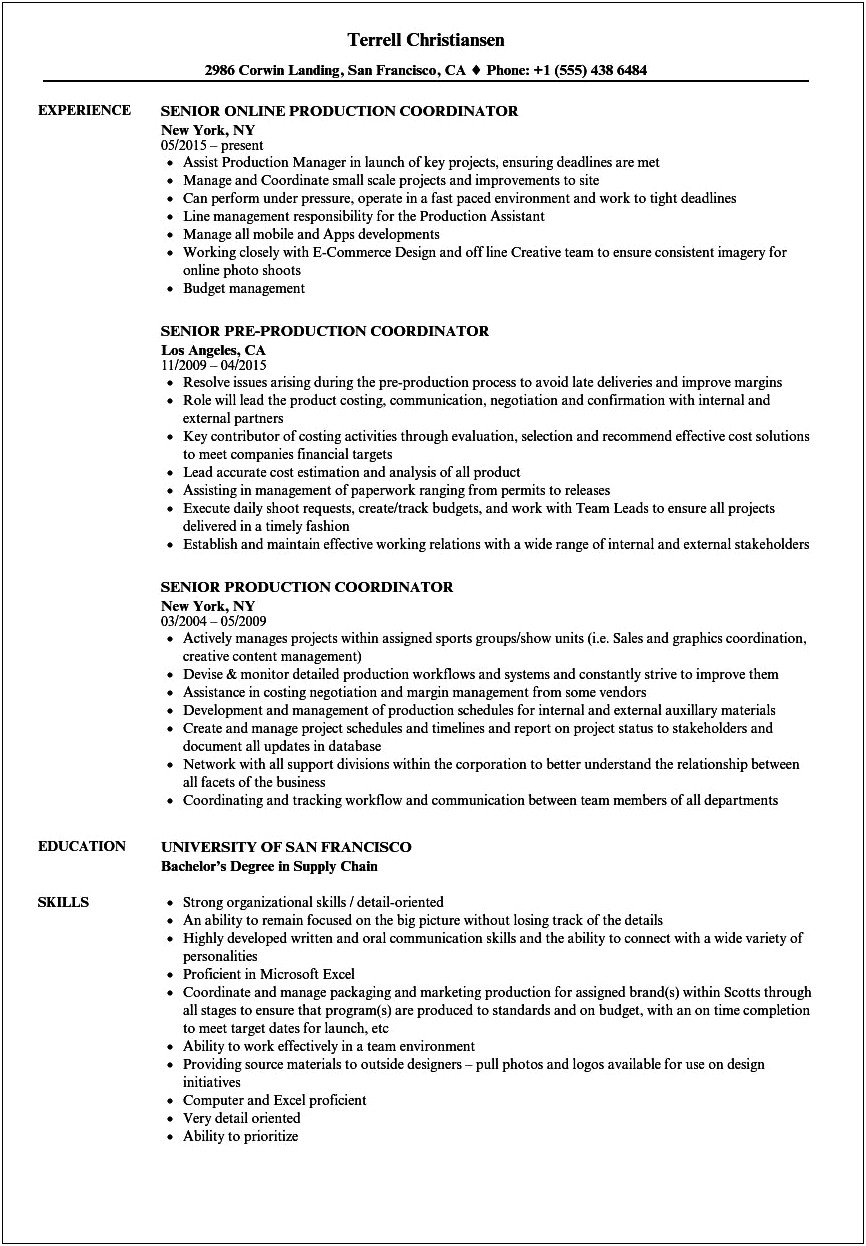 Sample Resume For College Student Production Assistant