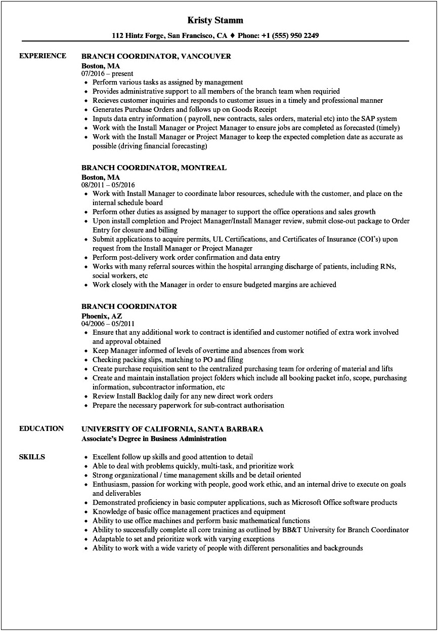 Sample Resume For Construction Branch Coordinagtor