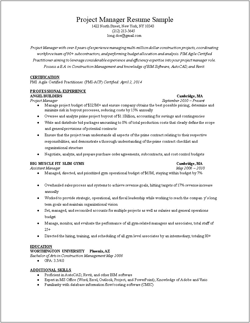Sample Resume For Construction Project Manager Position