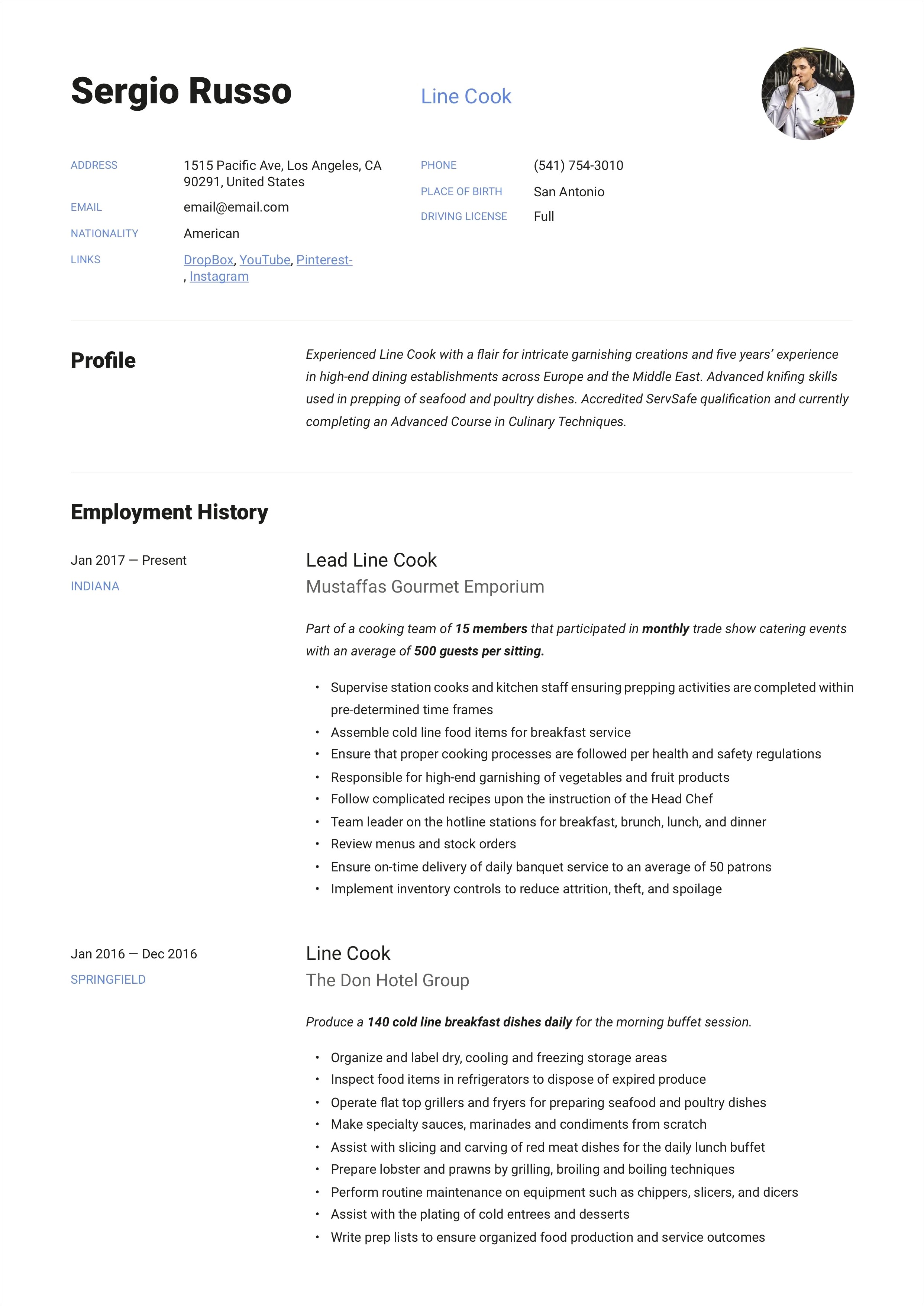 Sample Resume For Cook In Hotel