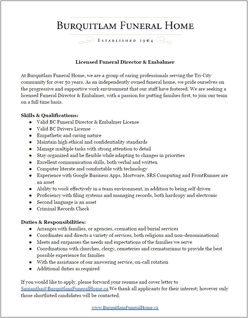 Sample Resume For Cremation View Specialist