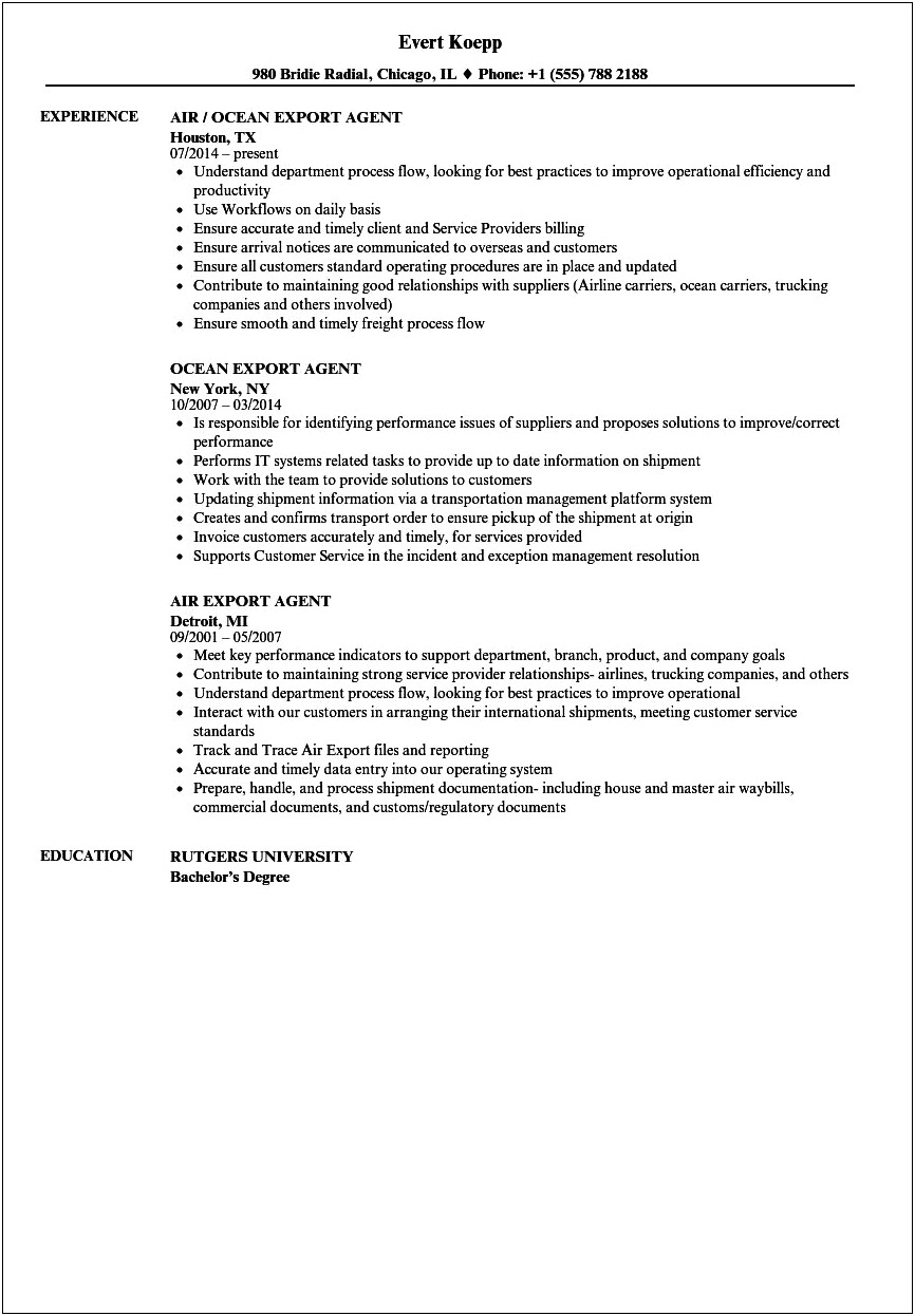 Sample Resume For Custom House Agent