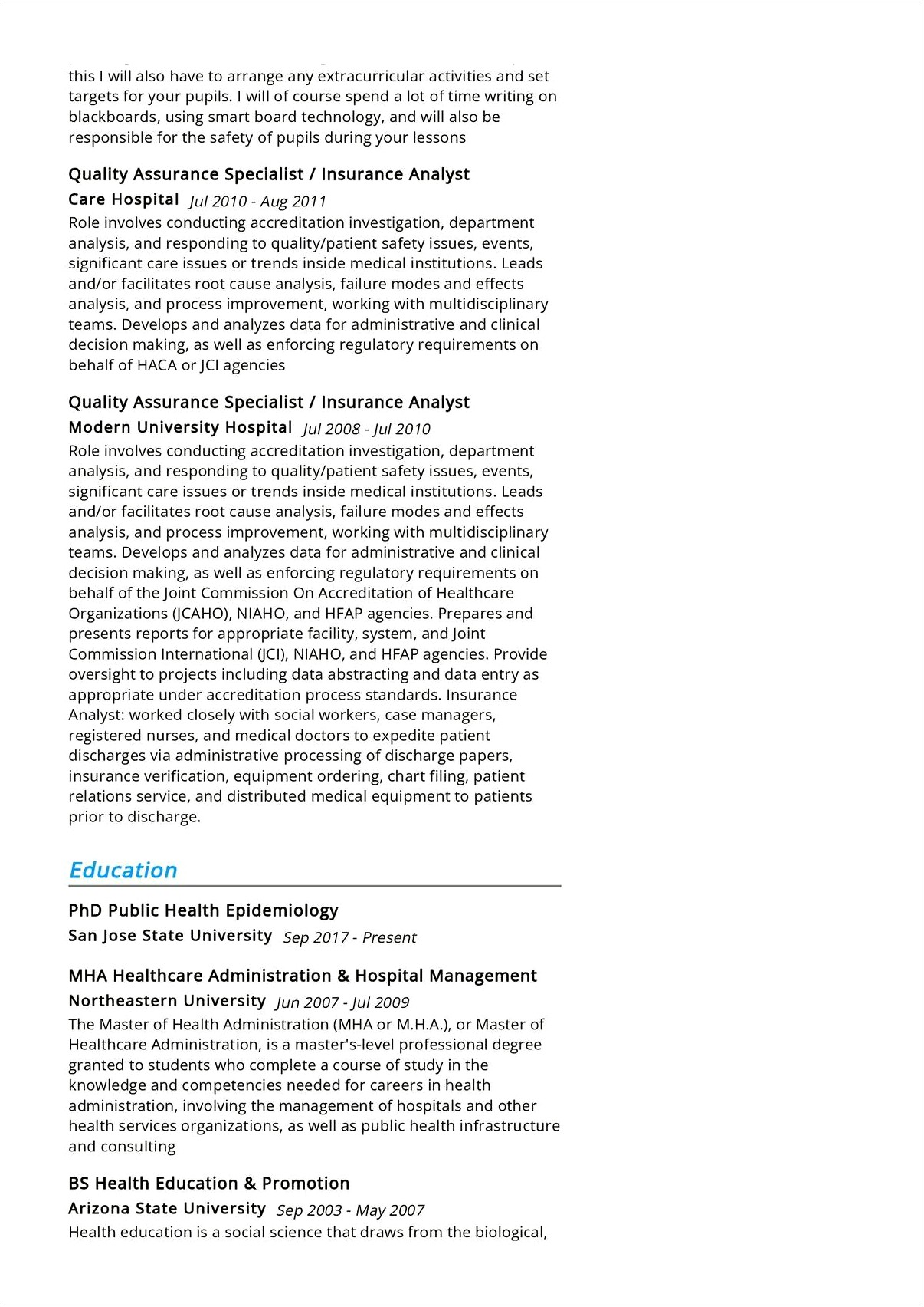 Sample Resume For Degree Healthcare Services Manager