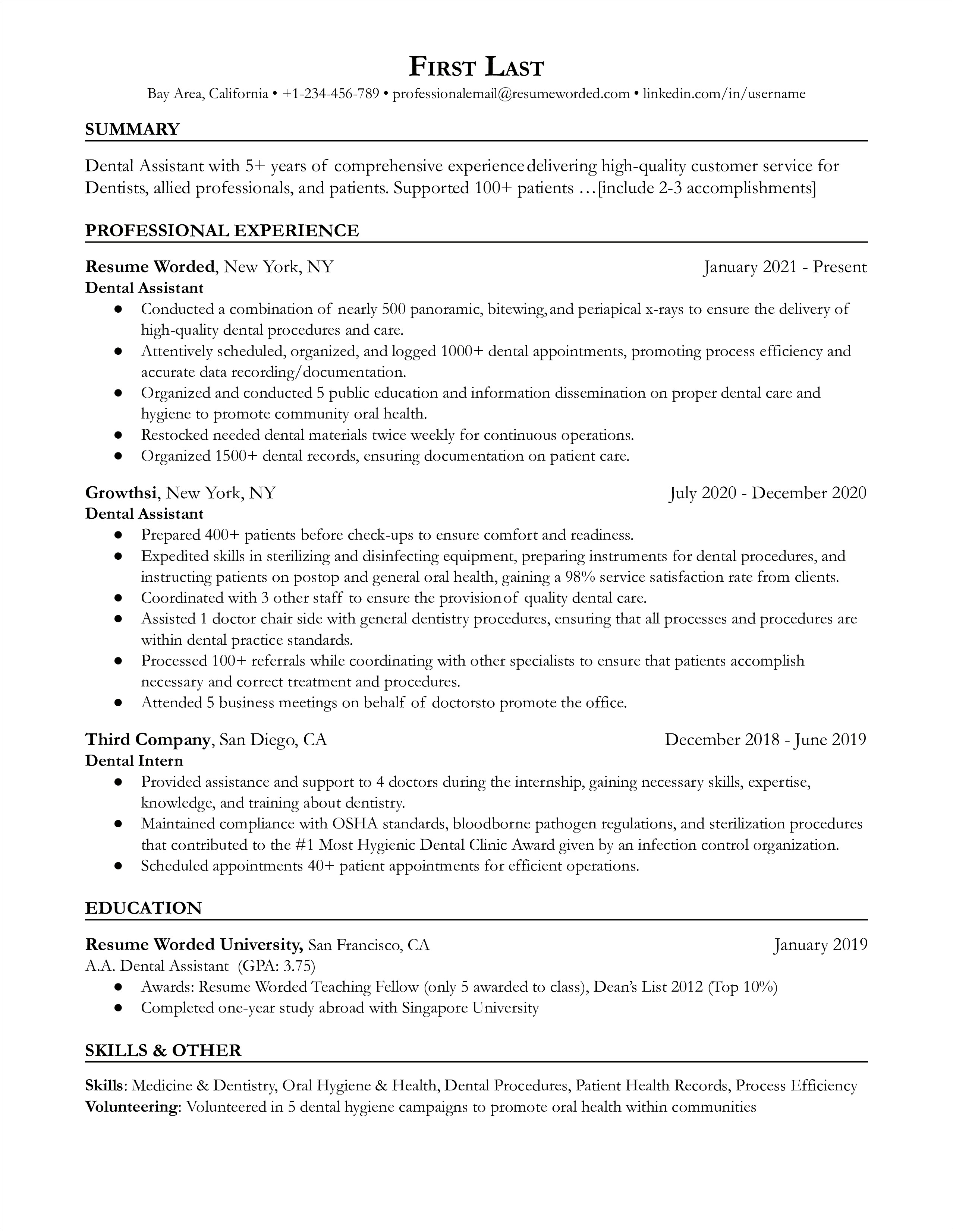 Sample Resume For Dental Assistant Student