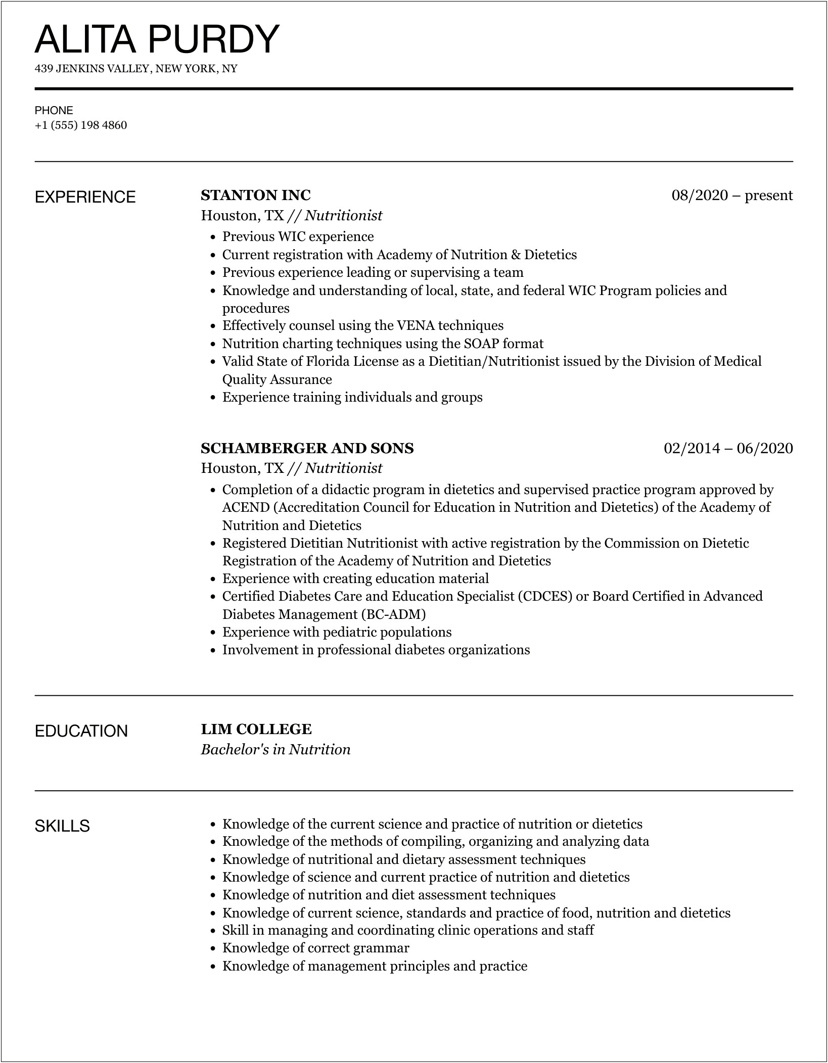 Sample Resume For Dietitian In India