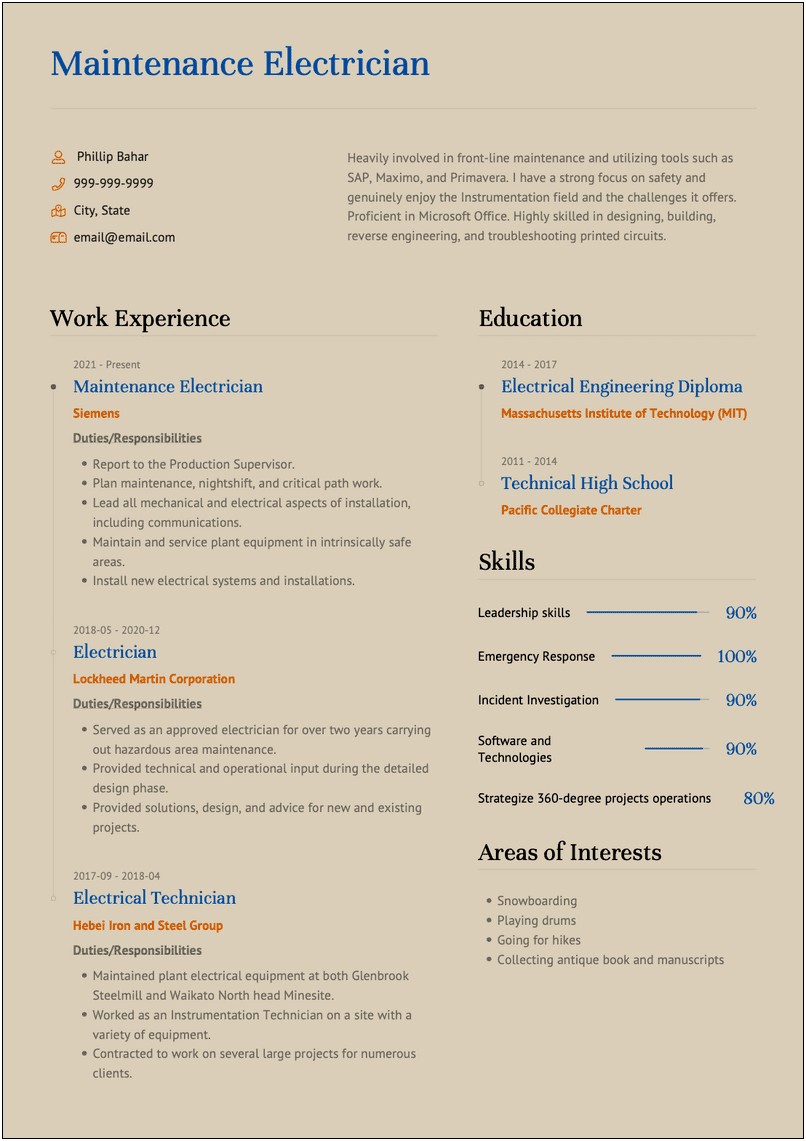 Sample Resume For Diploma Electrical Engineer