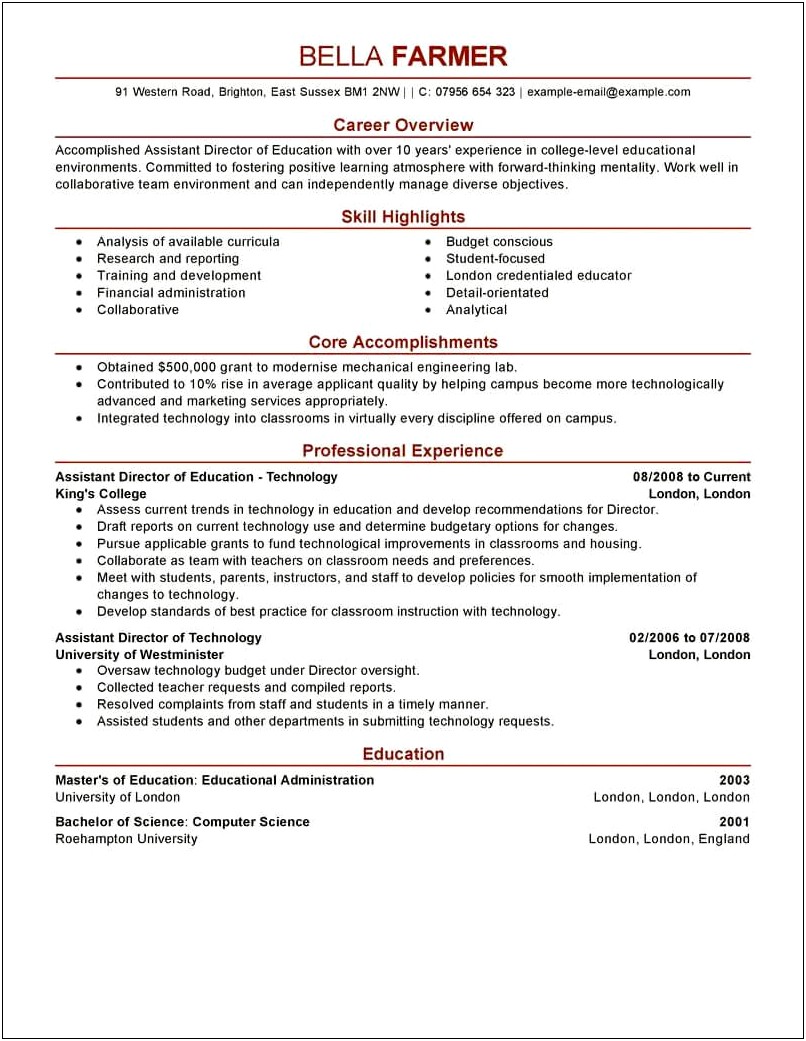 Sample Resume For Education Administrator Position