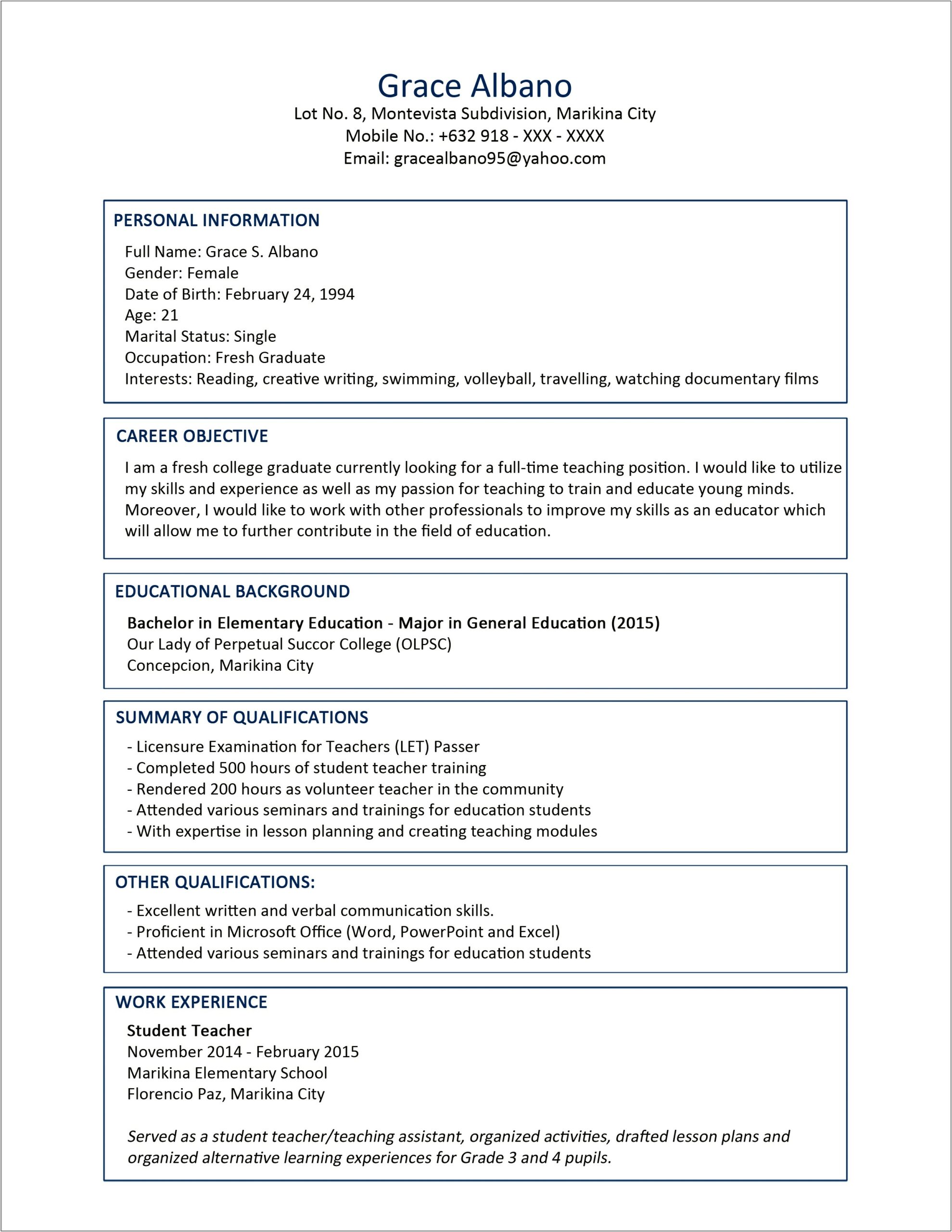 Sample Resume For Elementary Teacher Fresh Graduate