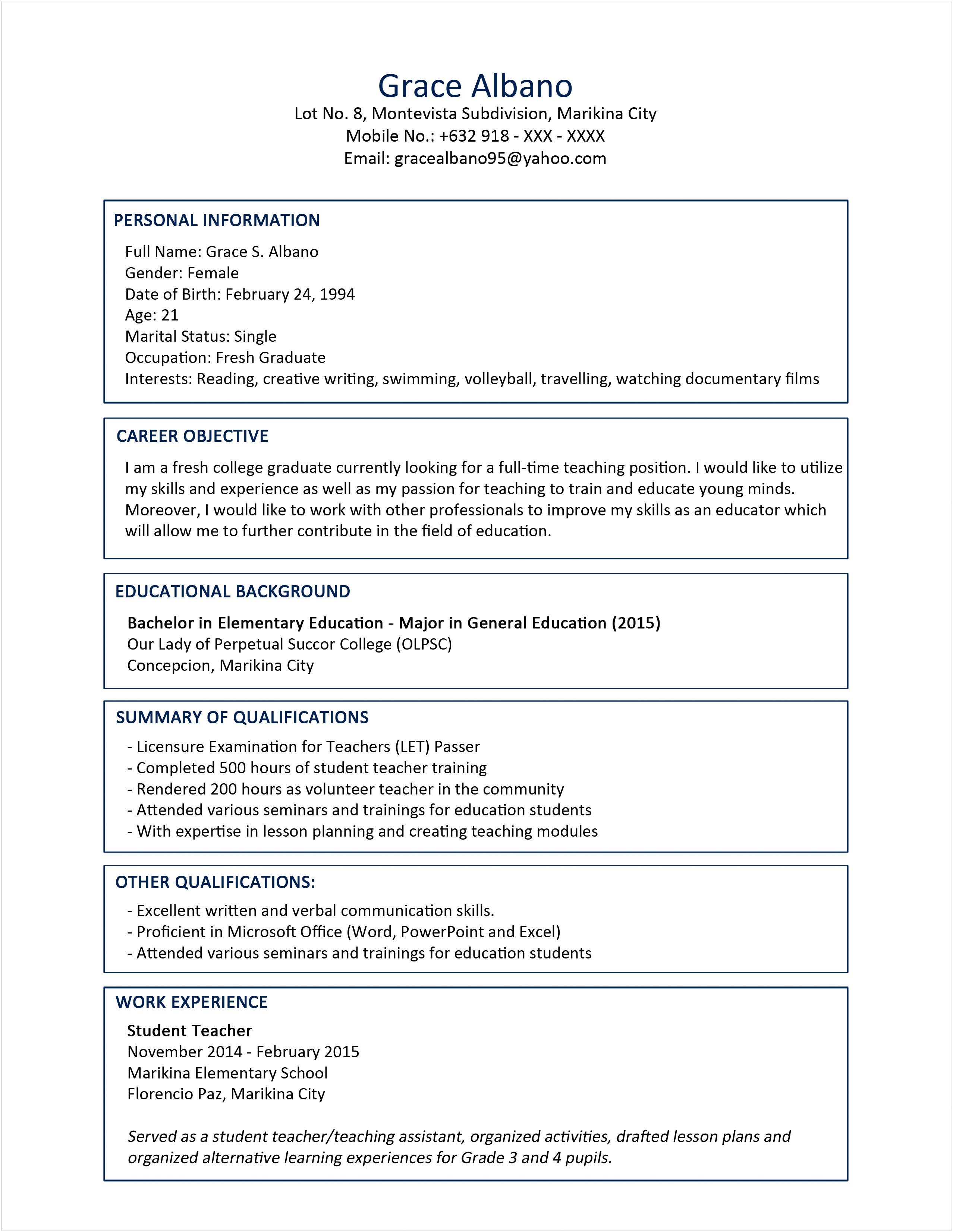 Sample Resume For Elementary Teacher Fresh Graduate