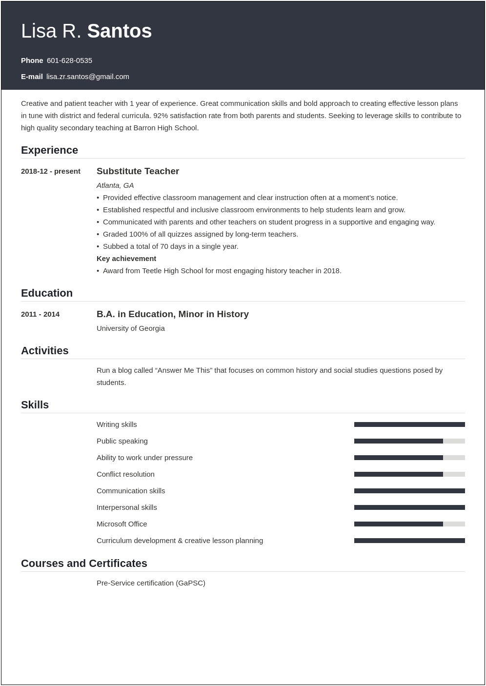 Sample Resume For English Teacher With No Experience