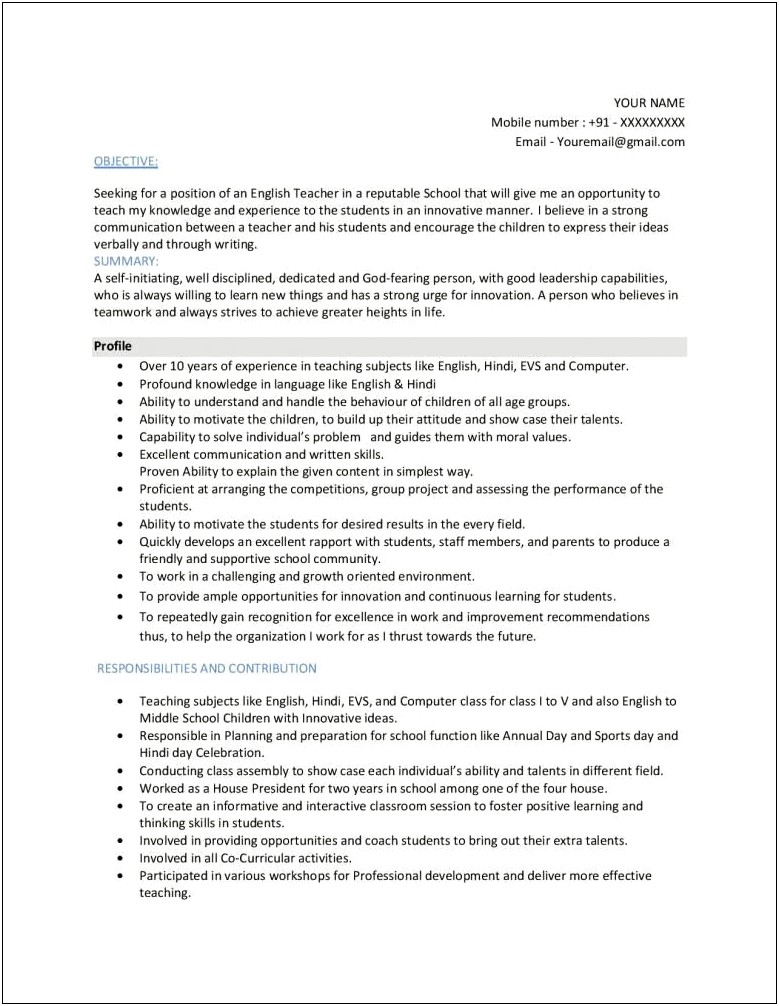 Sample Resume For English Teachers India