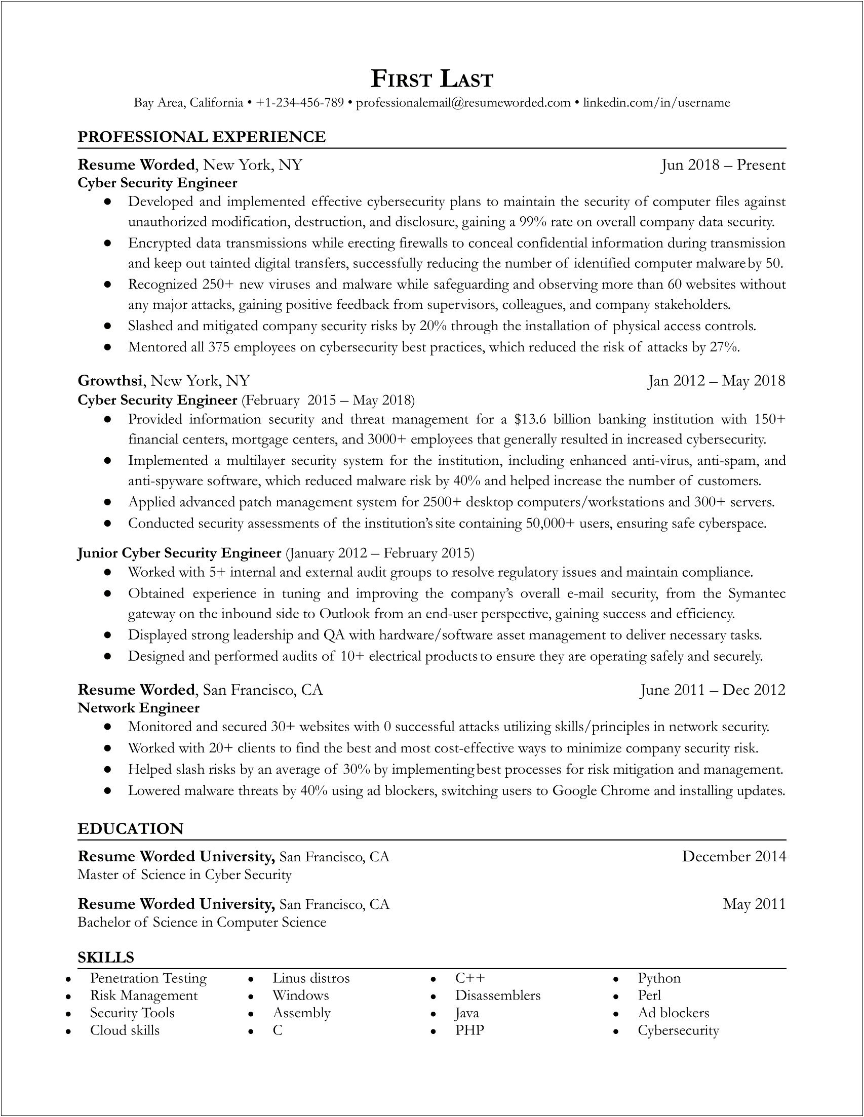 Sample Resume For Entering College Program Cyber Security