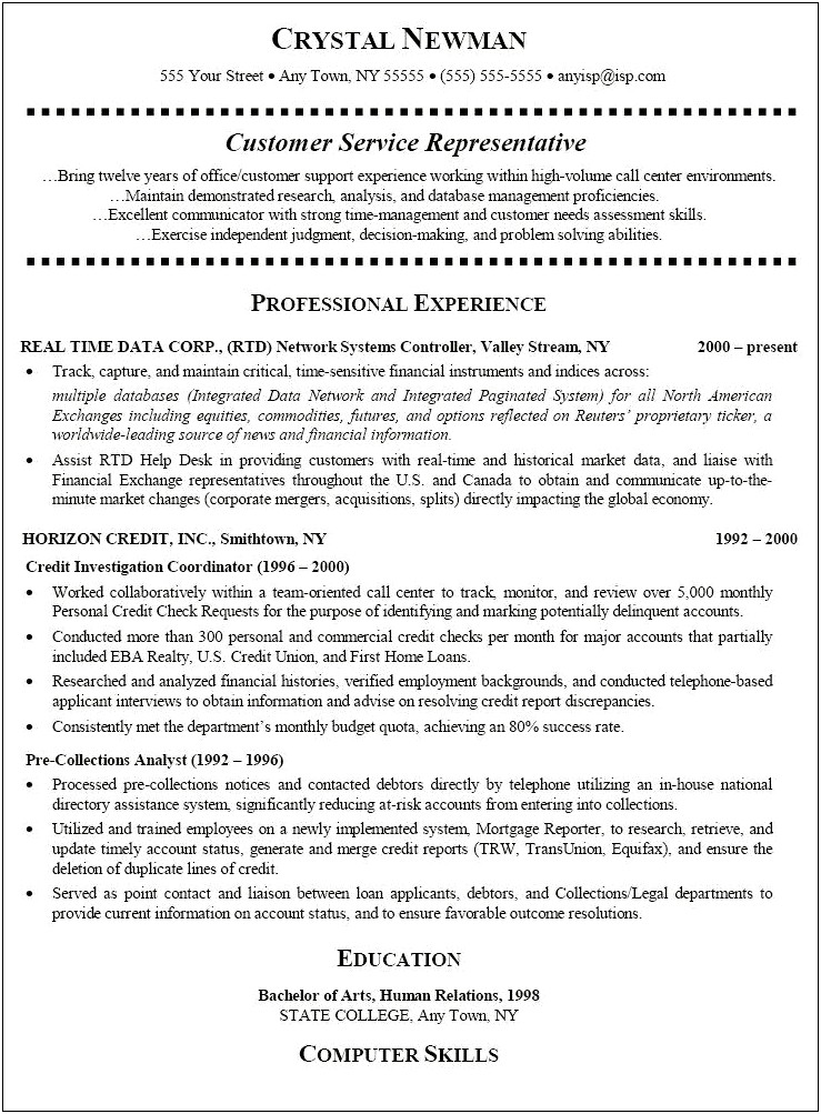 Sample Resume For Entry Level Call Center Resume