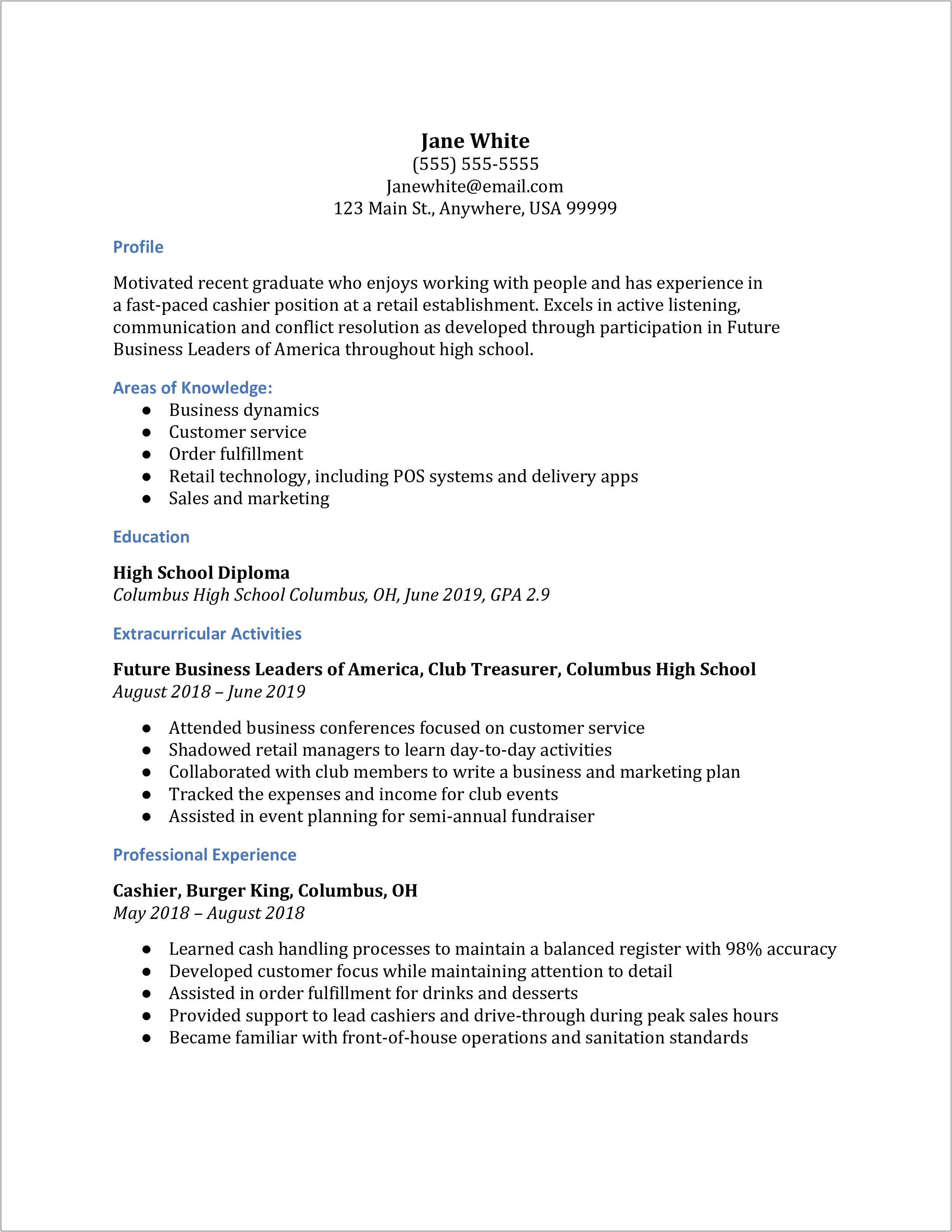 Sample Resume For Entry Level Cashier