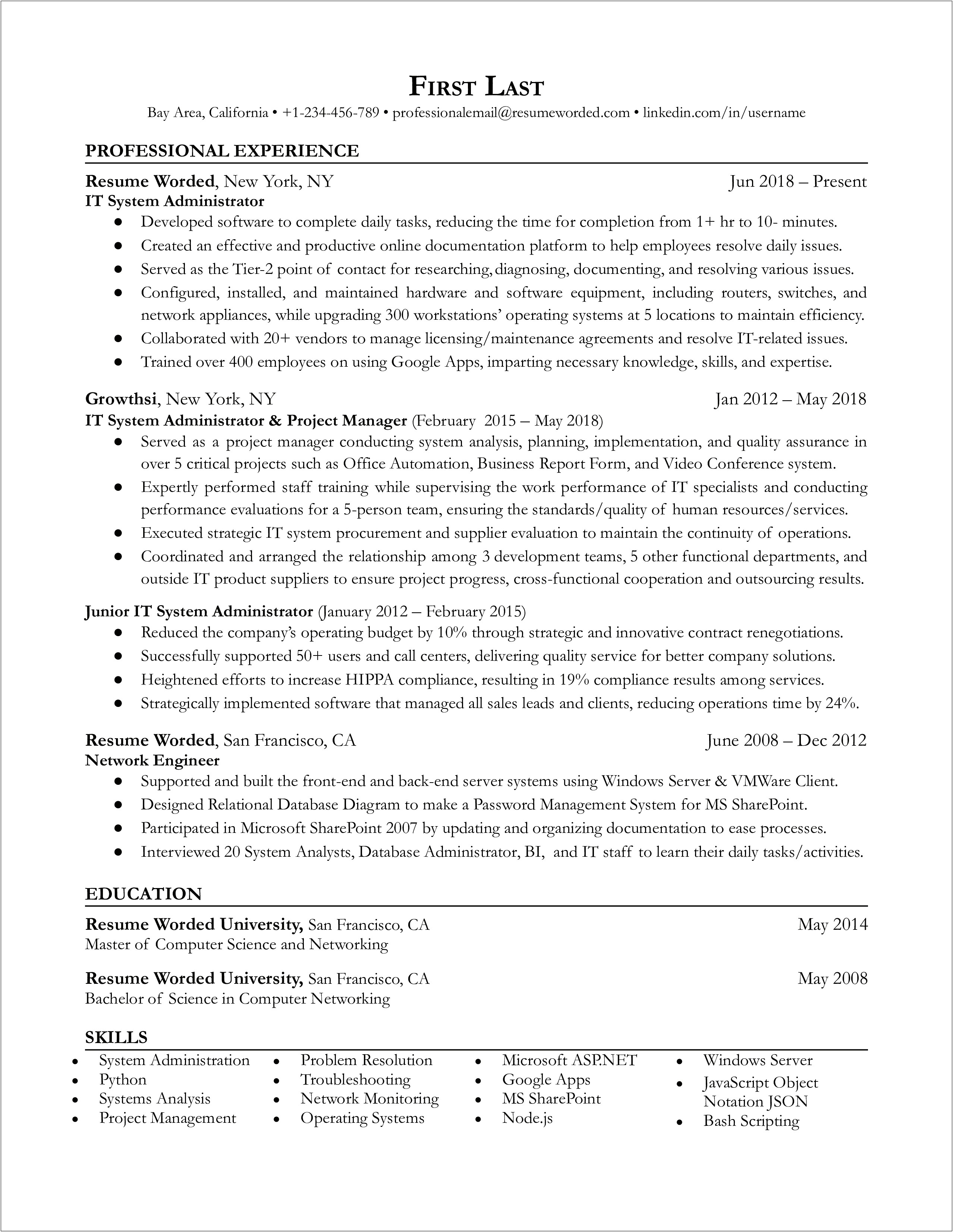 Sample Resume For Entry Level System Administrator