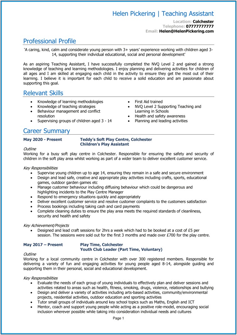 Sample Resume For Entry Level Teacher Assistant