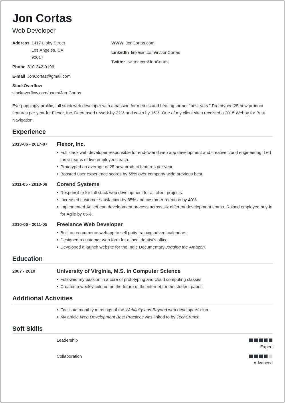 Sample Resume For Entry Level Web Development