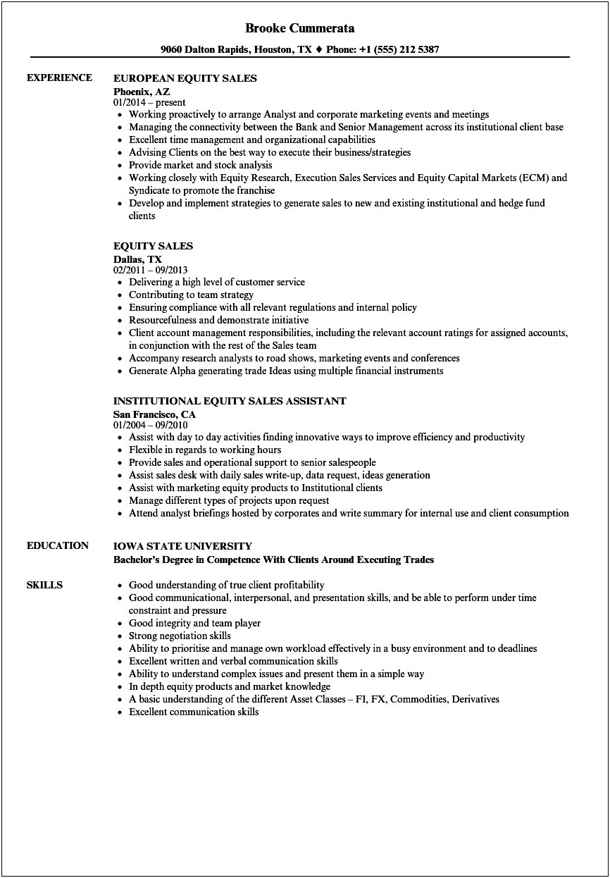 Sample Resume For Equity Dealer India