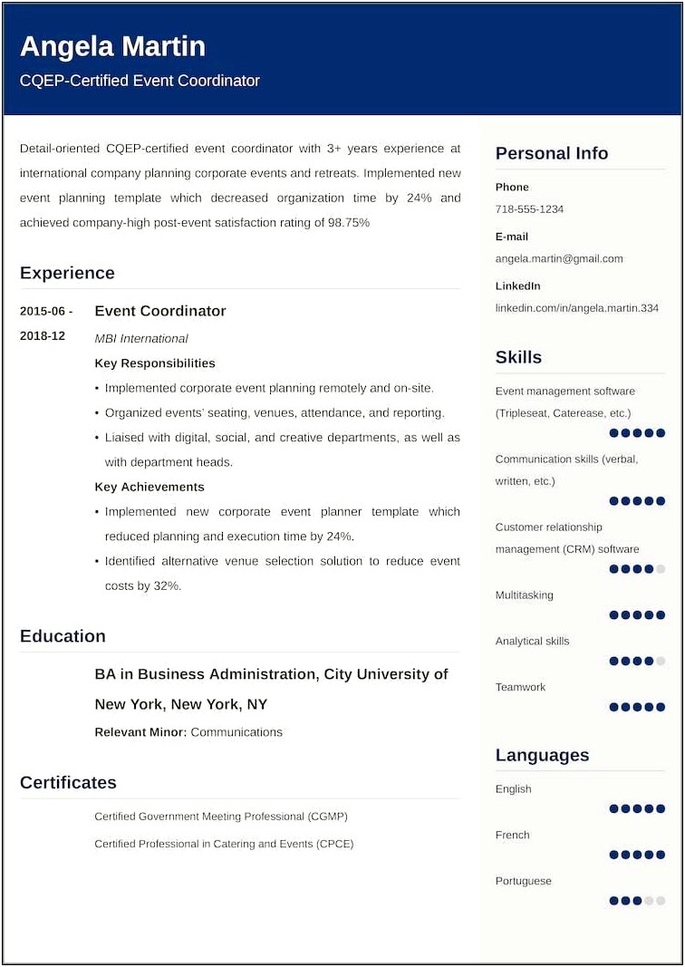 Sample Resume For Event Coordinator Position