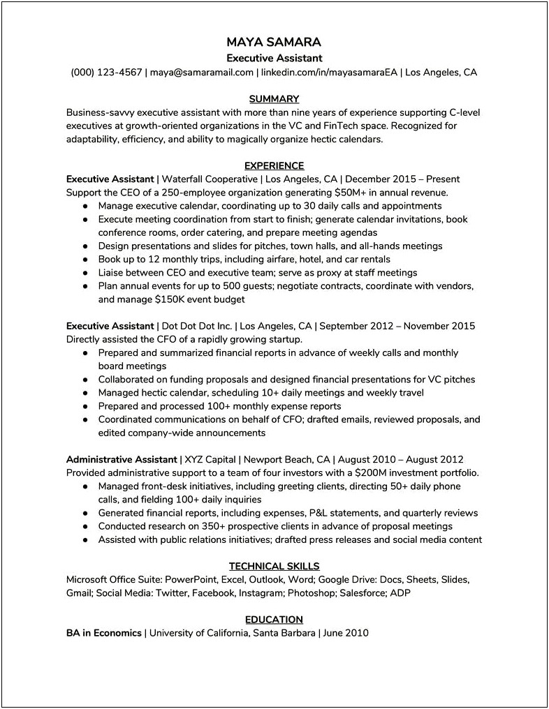 Sample Resume For Executive Assistant To President