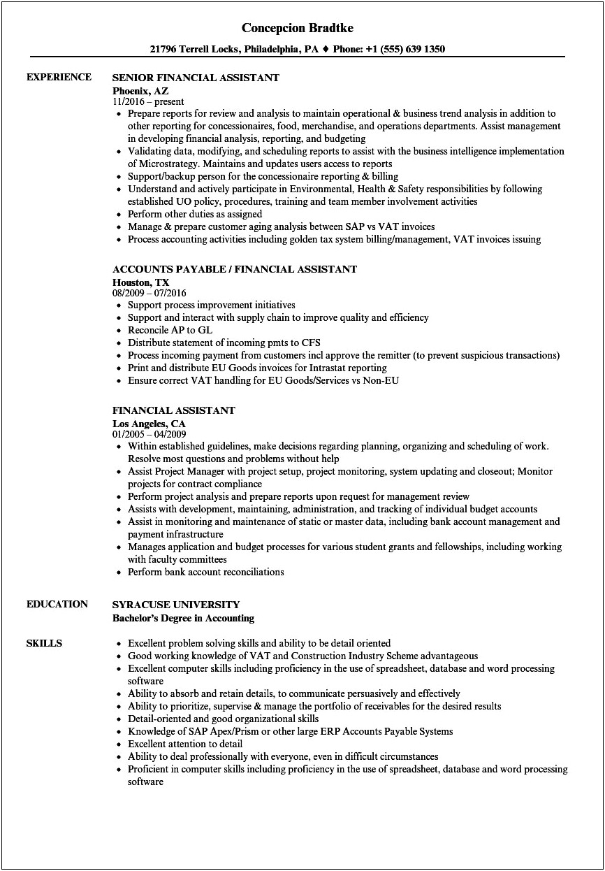 Sample Resume For Experienced Accounts Assistant