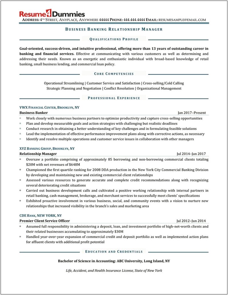 Sample Resume For Experienced Banking Professional