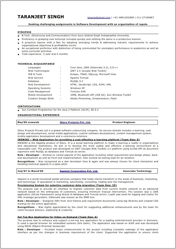 Sample Resume For Experienced Java Engineer