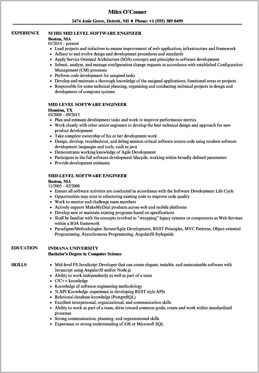 Sample Resume For Experienced Mid Level