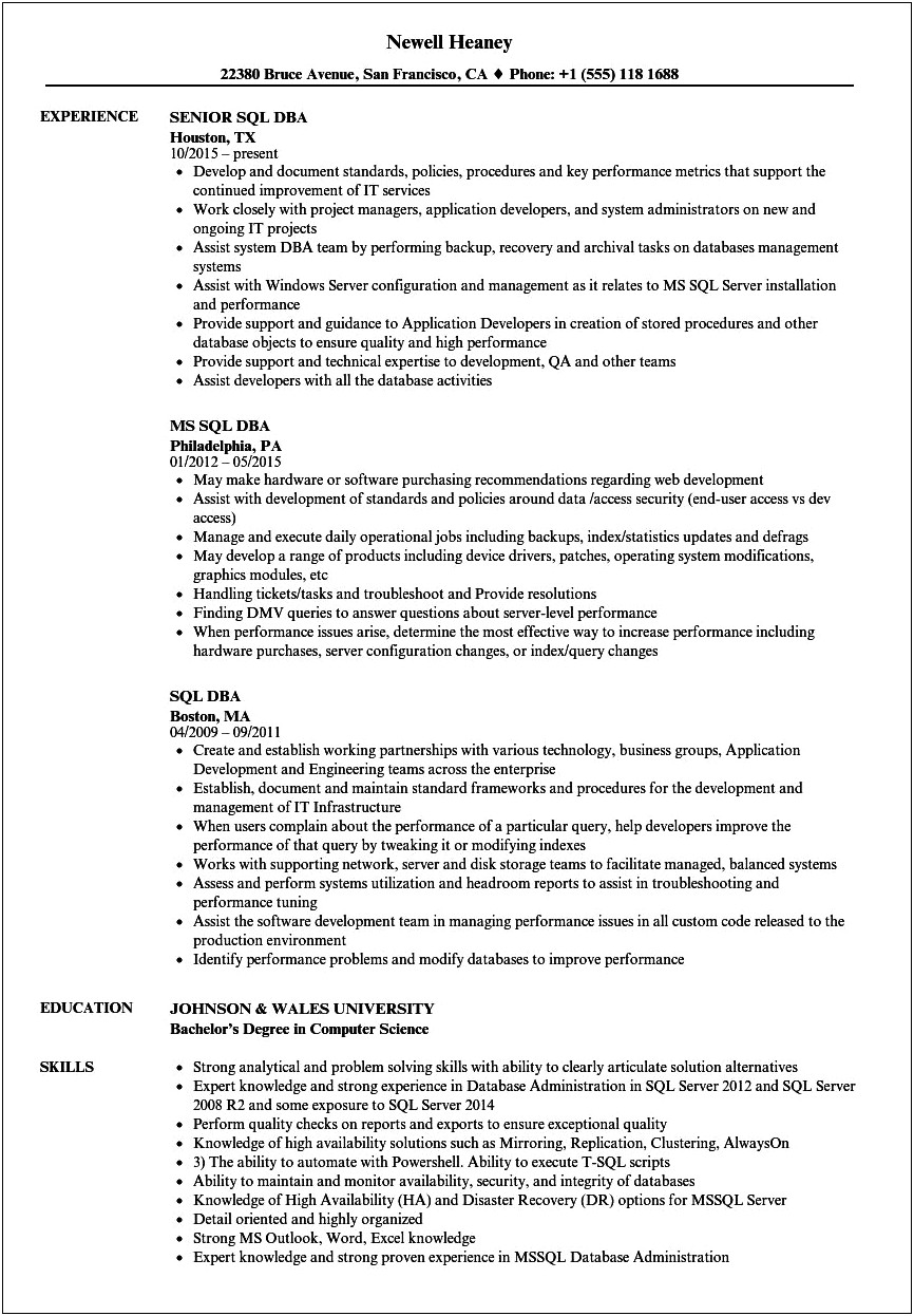 Sample Resume For Experienced Mysql Dba