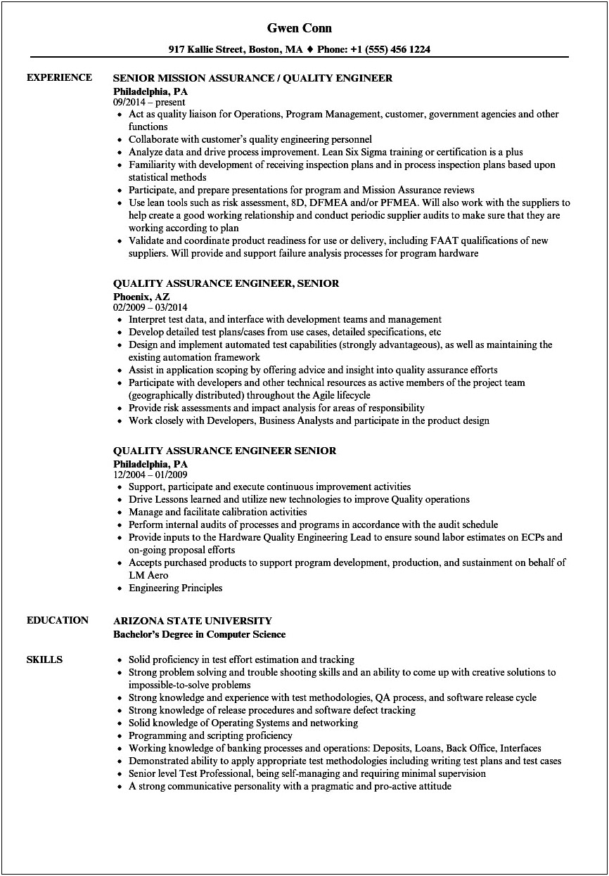 Sample Resume For Experienced Quality Assurance Engineer