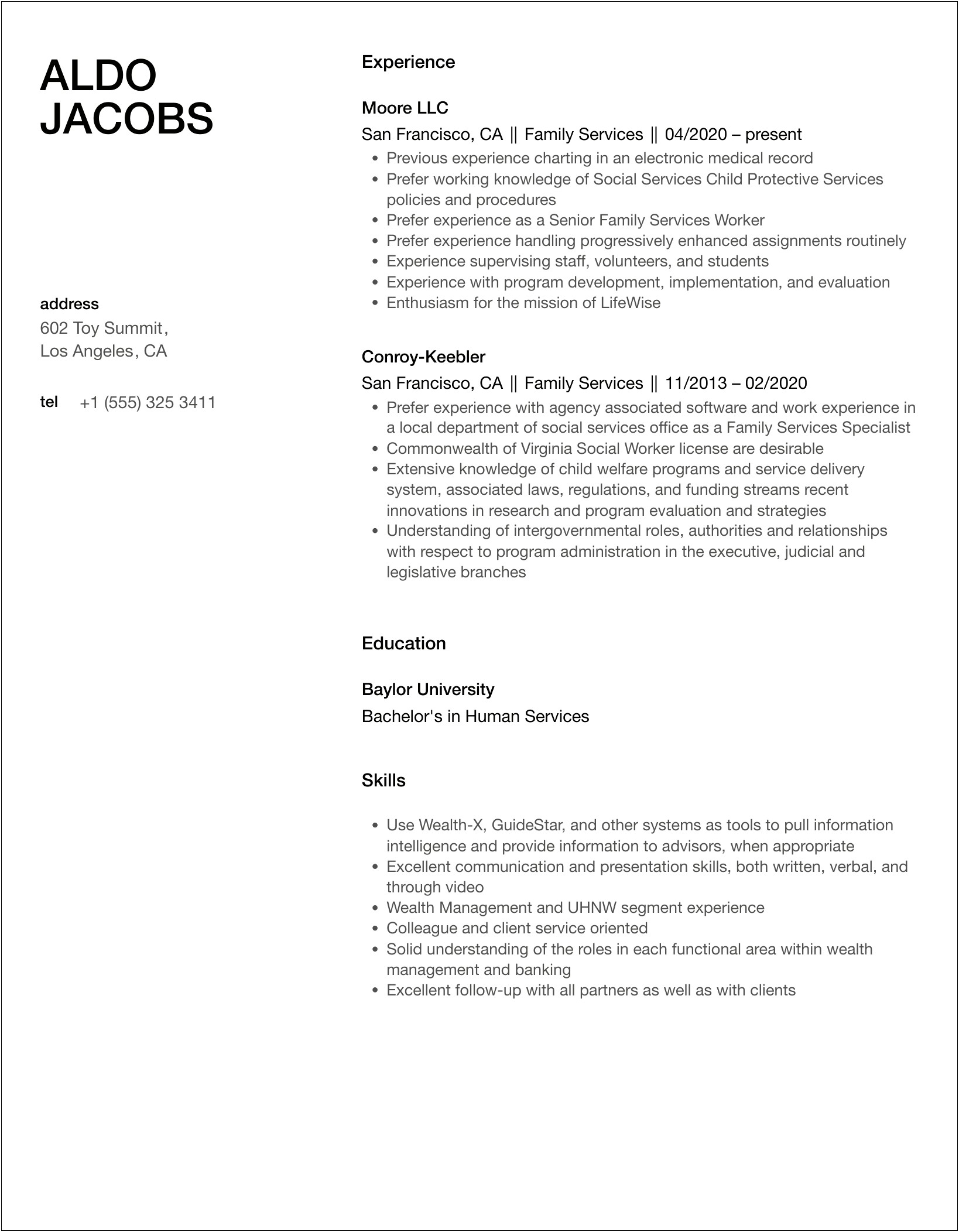 Sample Resume For Family Coordinator For Middle School