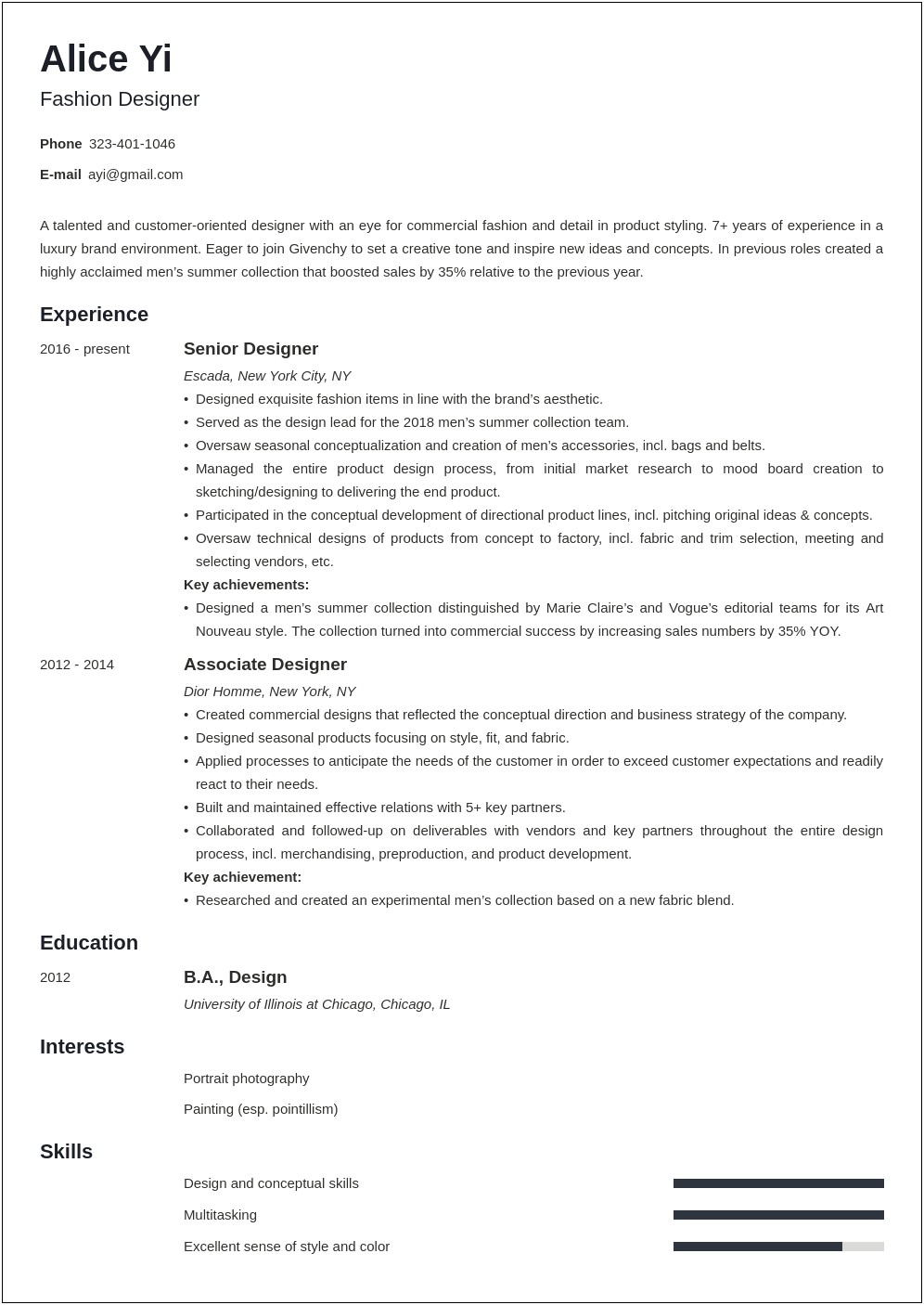 Sample Resume For Fashion Designer Fresher