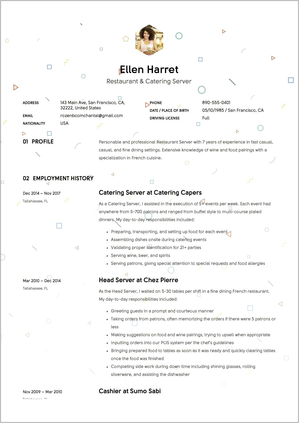 Sample Resume For Fine Dining Server