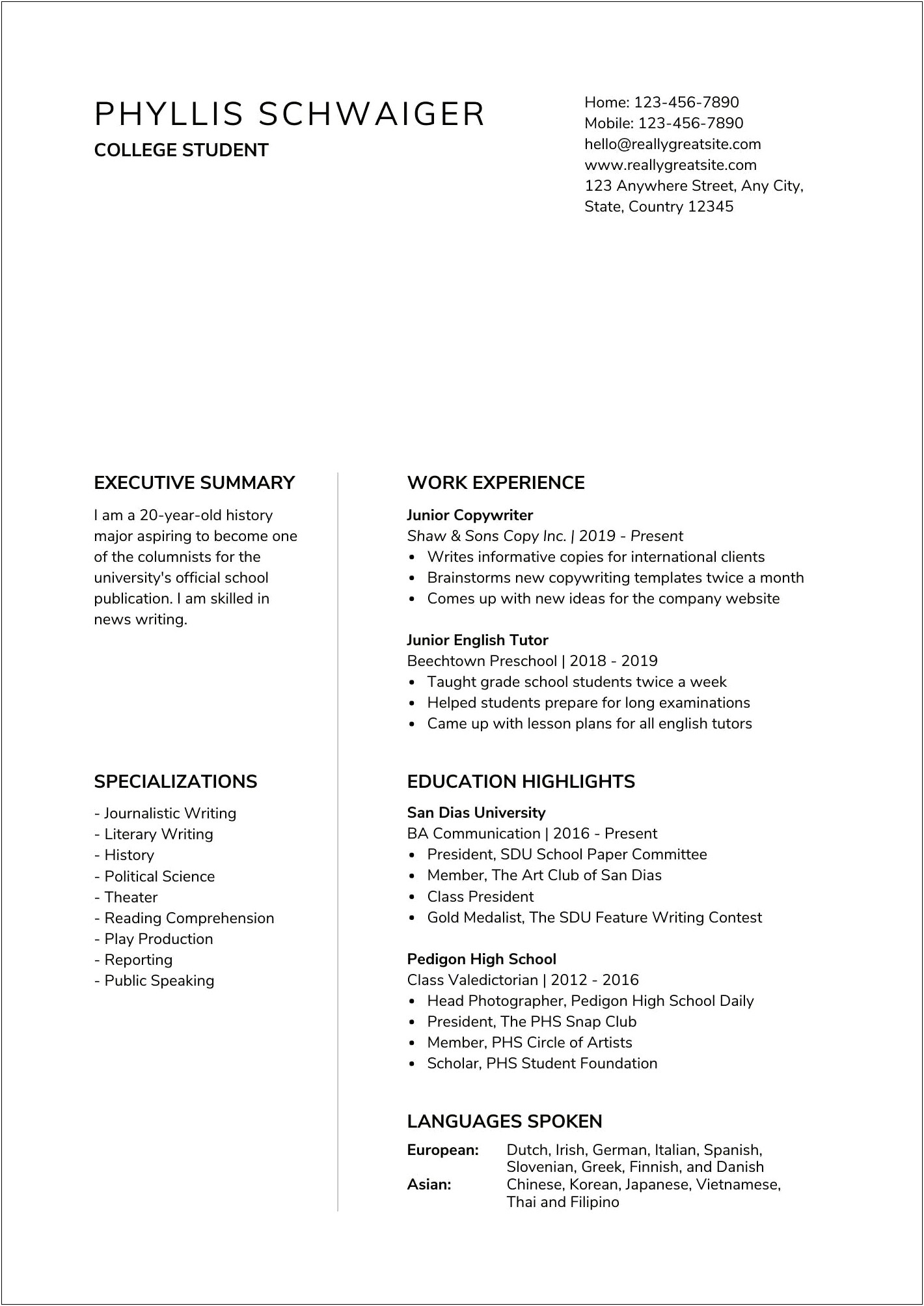 Sample Resume For First Time Teachers