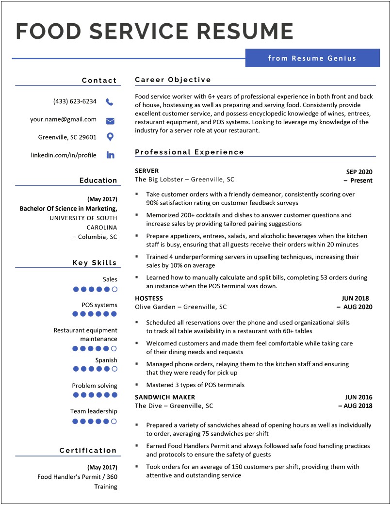 Sample Resume For Food Service Worker Monster