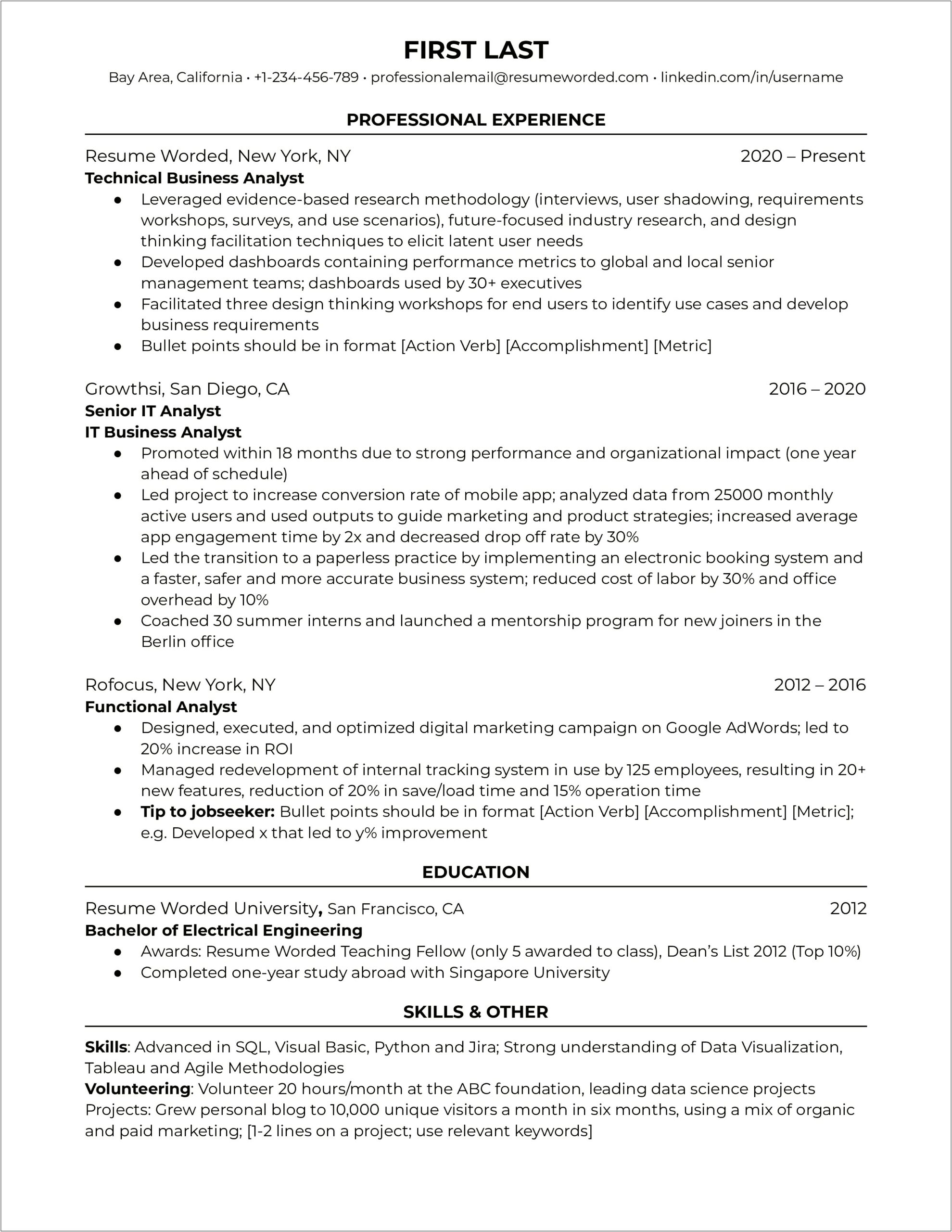 Sample Resume For Fresher Bussiness Analyst