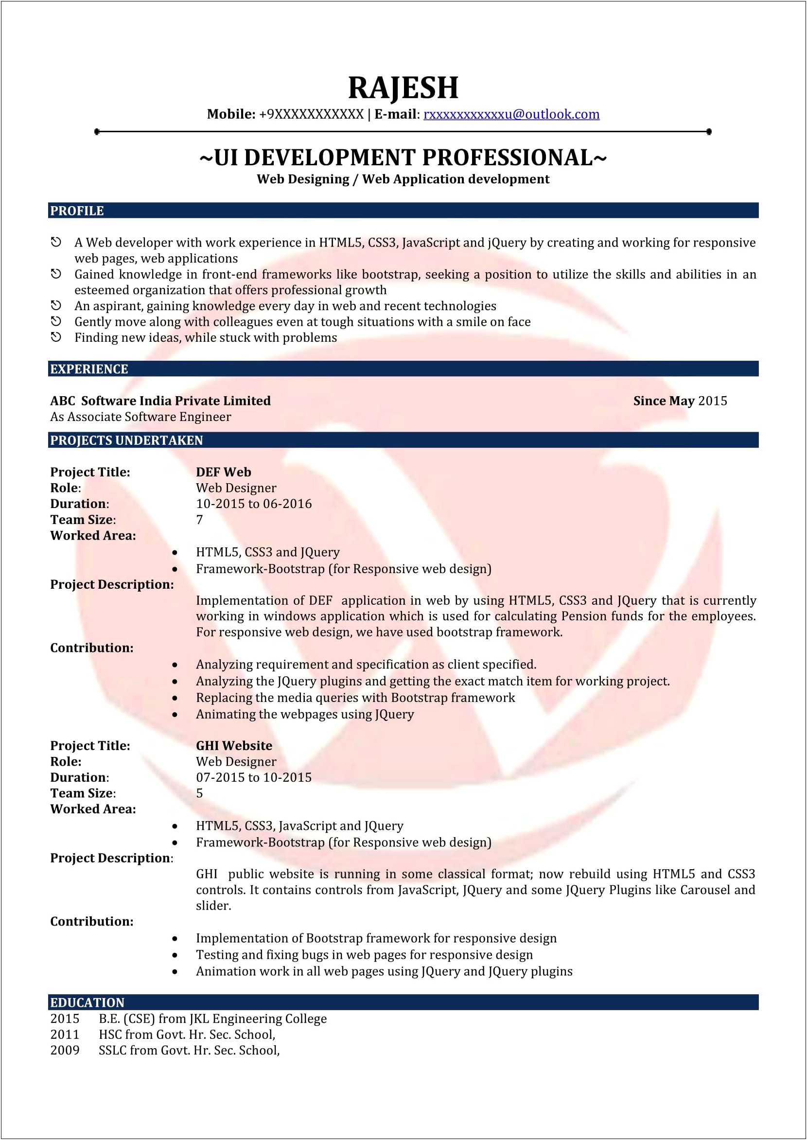 Sample Resume For Freshers In Wipro