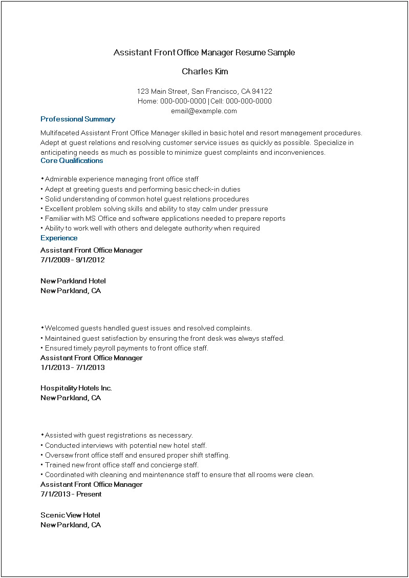 Sample Resume For Front Office In Hotel