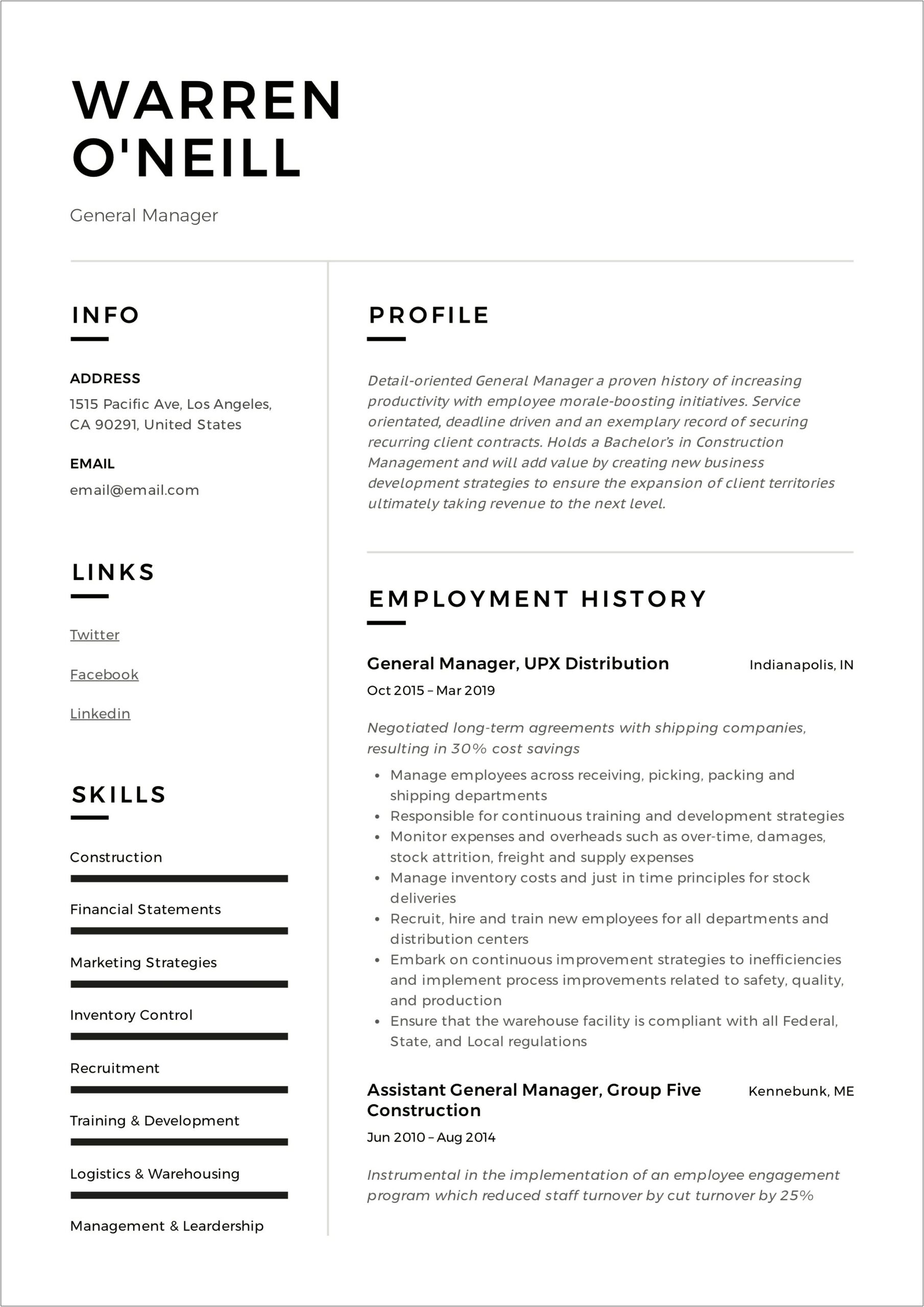Sample Resume For General Manager Position