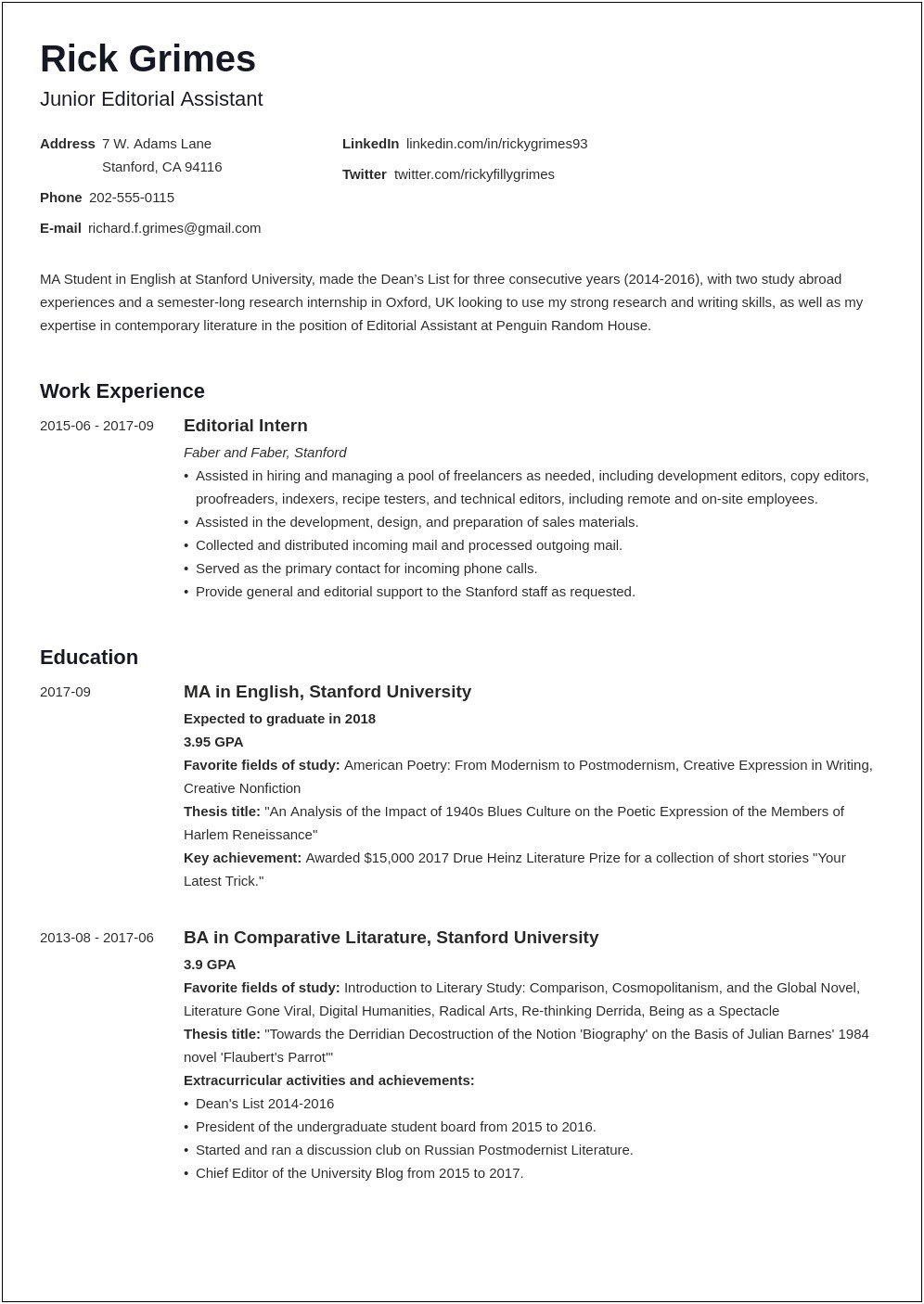 Sample Resume For Graduate Assistant Position